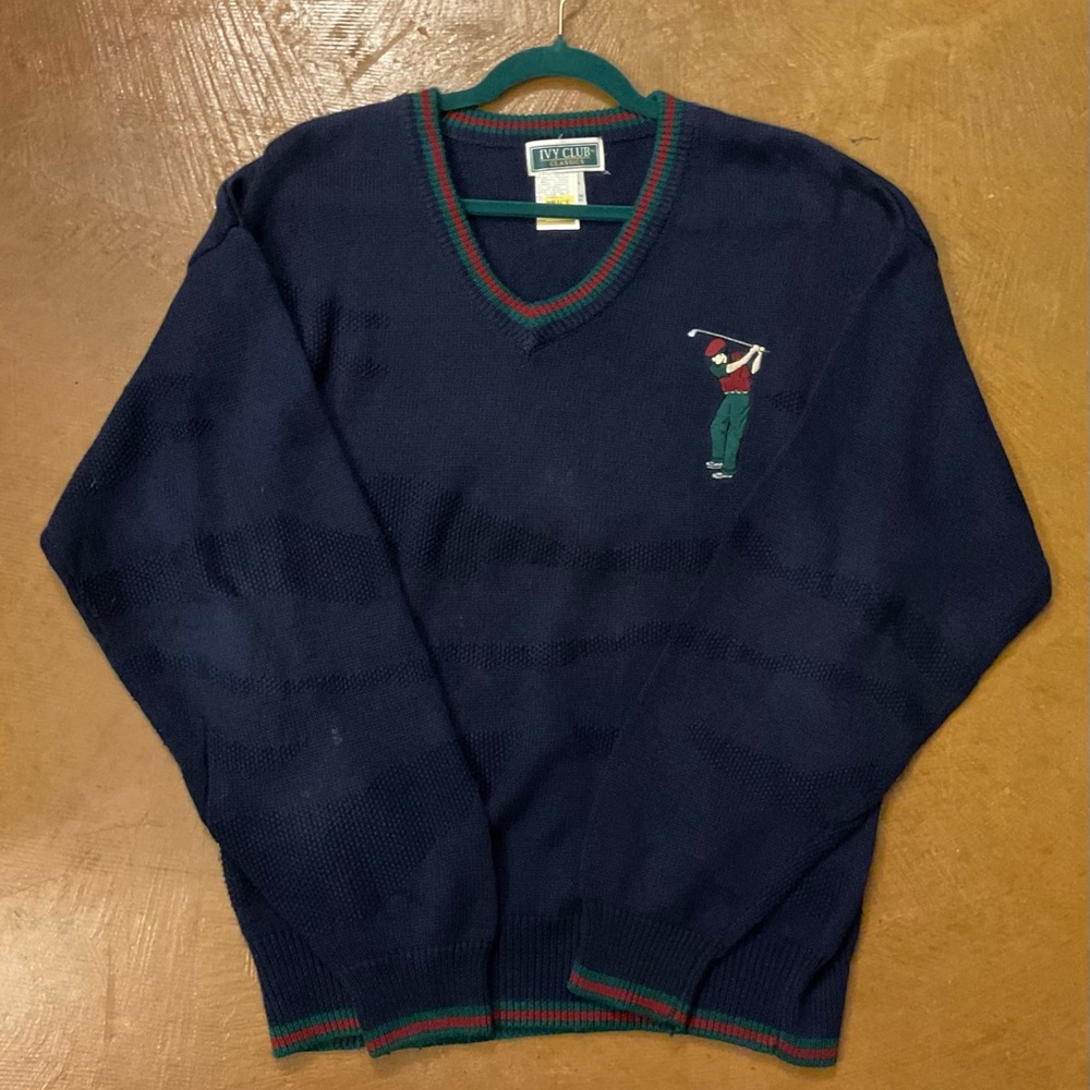 Polo Ralph Lauren Navy V-Neck Sweater with Golfer Motif